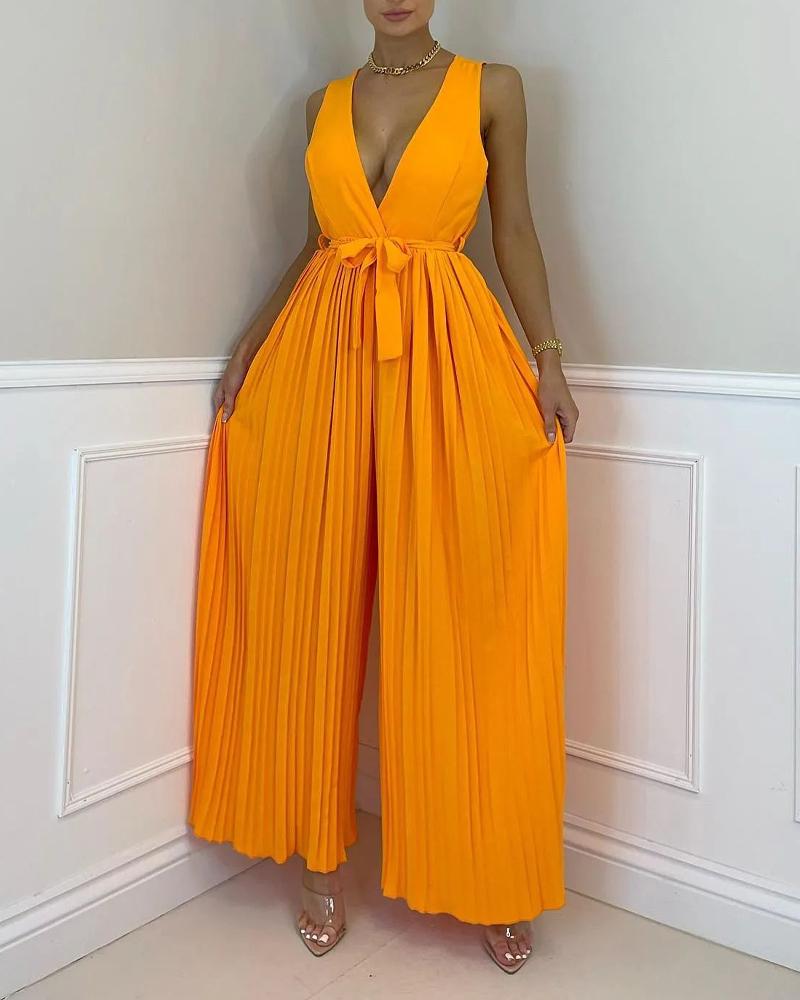 

Sleeveless Plunge Pleated Wide Leg Jumpsuit, Orange