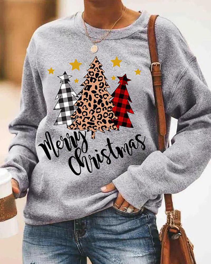 

Christmas Letter Tree Print Long Sleeve Casual Sweatshirt, Gray