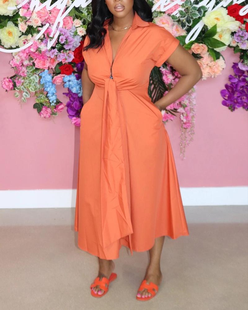 

Tie Front Pocket Design Shirt Dress, Orange