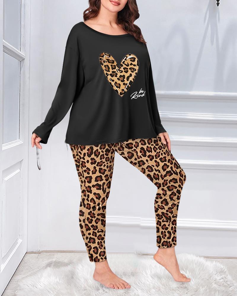 

Plus Size Heart Letter Leopard Print Pajamas Set, Black