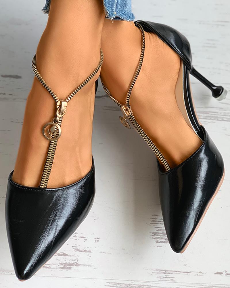 

Zipper Design Pointed Toe Stiletto Heel, Black