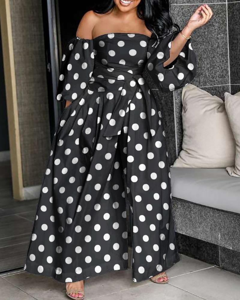 

Off Shoulder Polka Dot Lantern Sleeve Wide Leg Jumpsuit, Black