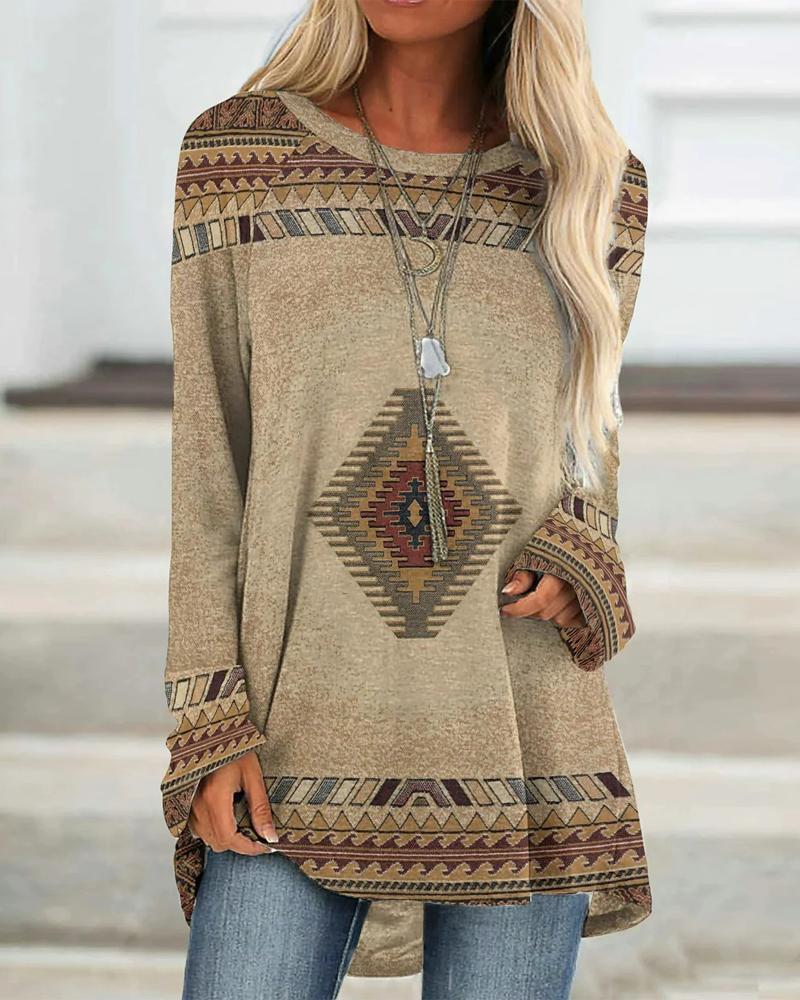 

Aztec Geometric Print Long Sleeve Casual Top, Khaki