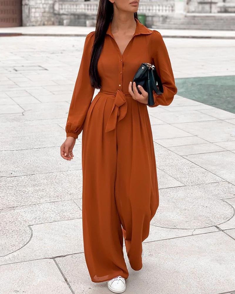 

Puff Sleeve Buttoned Casual Jumpsuit With Belt, Brown
