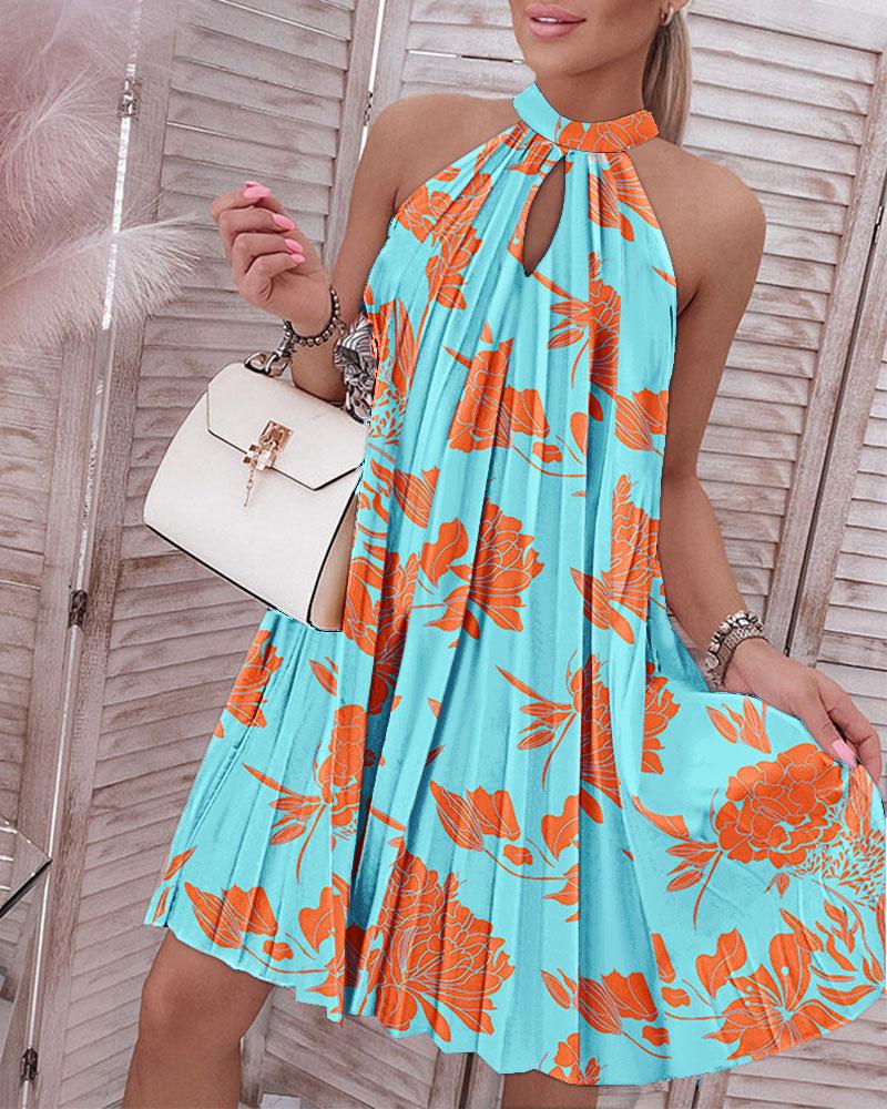 Plants Print Sleeveless Pleated Dress