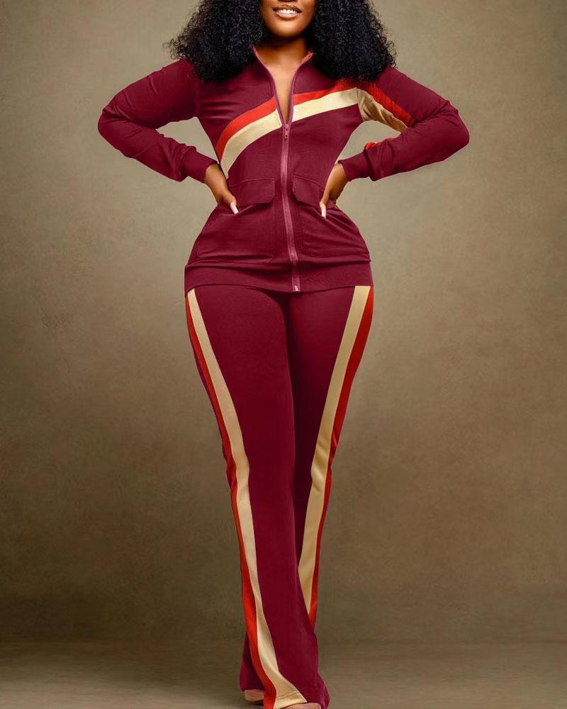 

Plus Size Contrast Paneled Zip Up Top & Pants Set, Wine red