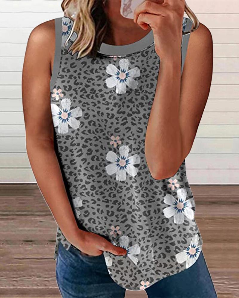 

Floral Leopard Print Round Neck Casual Tank Top, Gray