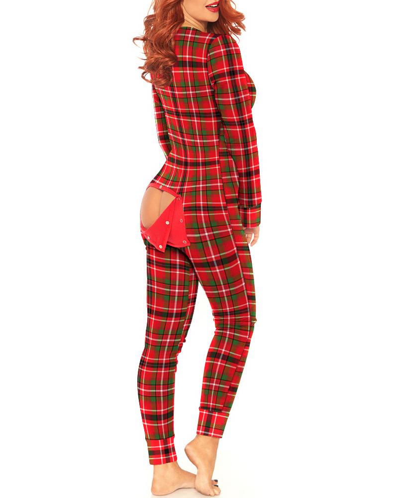 

Christmas Plaid Print Functional Buttoned Flap Adult Onesie, Red