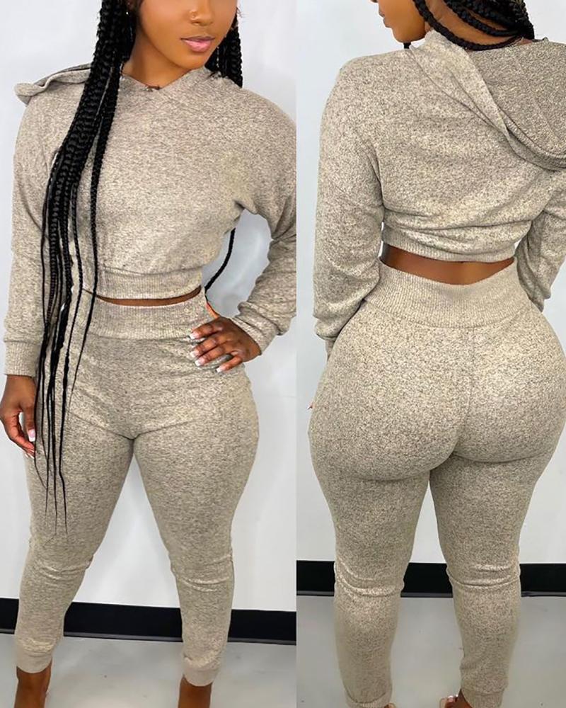 

Long Sleeve Hooded Top & High Waist Pants Set, Gray