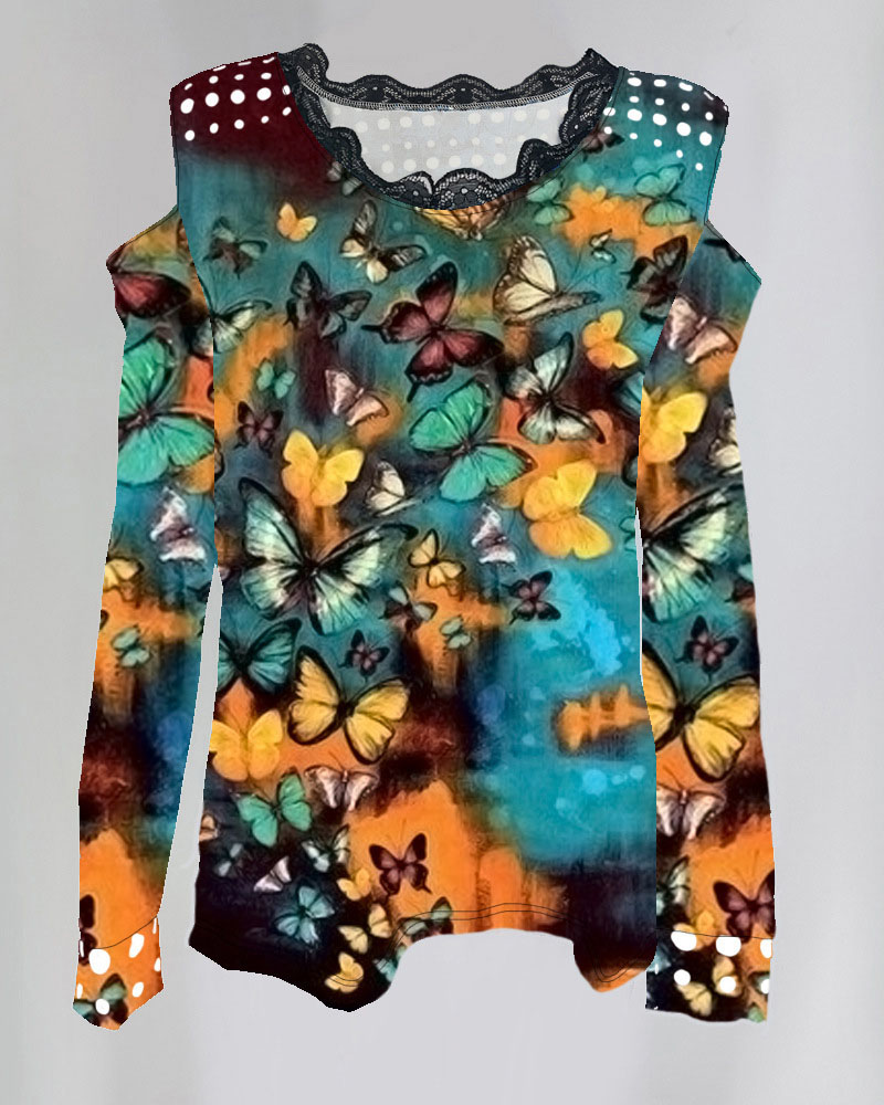 

Butterfly Print Lace Trim Cold Shoulder Top, Multicolor