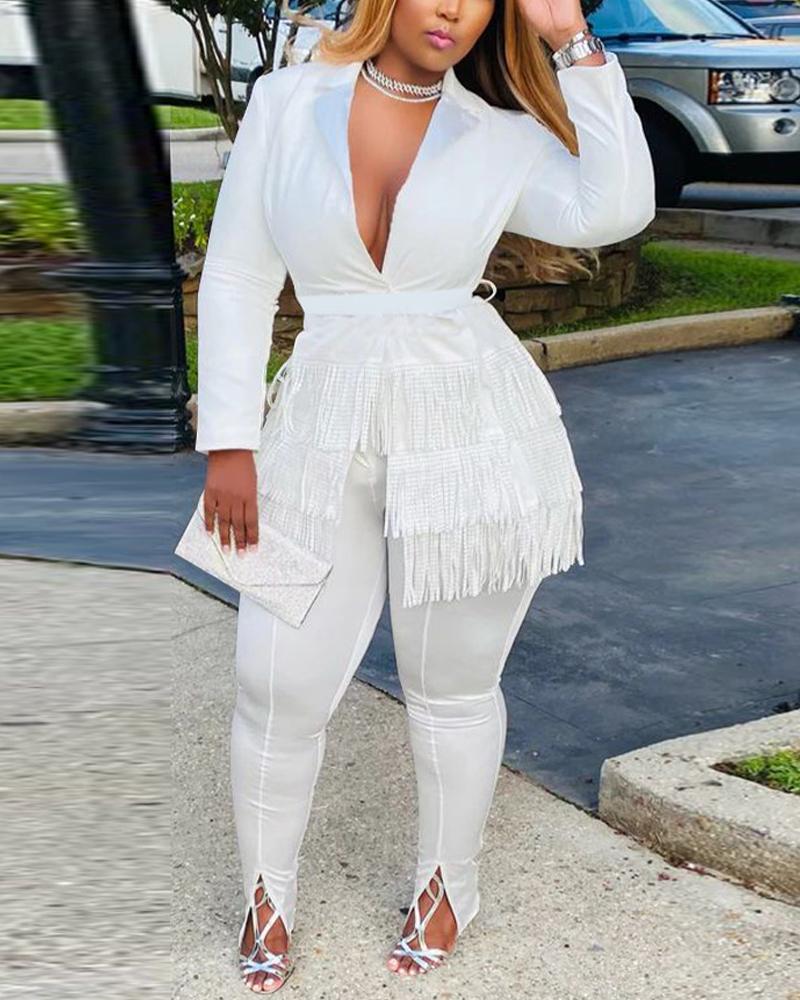 

Layered Tassel Trim Belted Blazer & Split Hem Pants Set, White