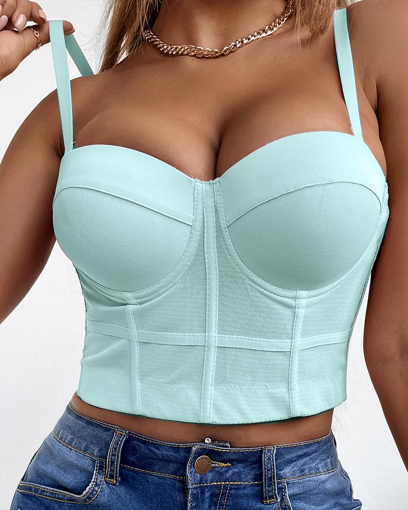 

Sheer Mesh V-Neck Spaghetti Strap Corset Crop Top, Green