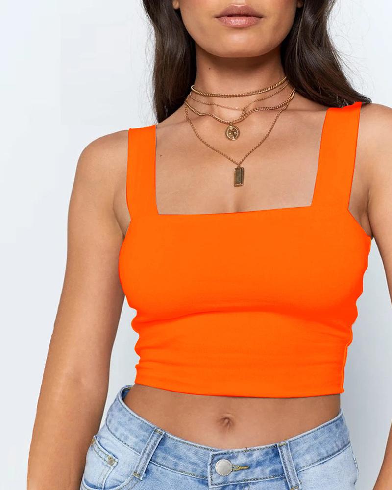 

Thick Strap Square Neck Plain Crop Top, Orange