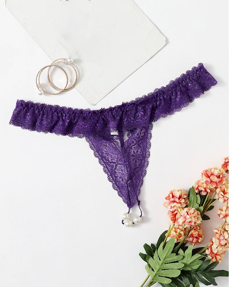 

Plus Size Ruffle Hem Crochet Lace Beaded Panty, Purple