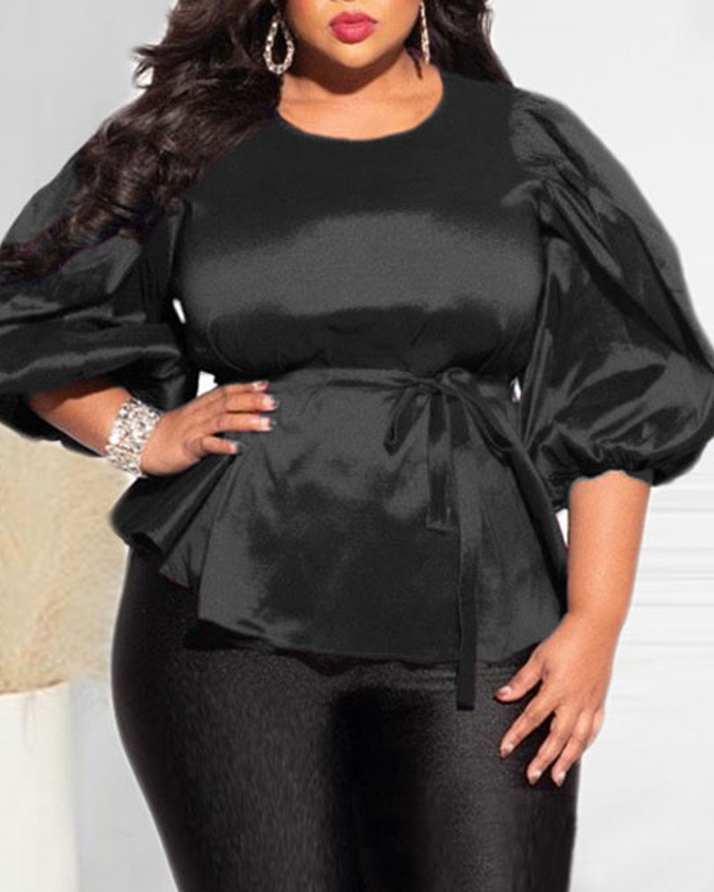 

Plus Size Tied Detail Puff Lantern Sleeve Top, Black