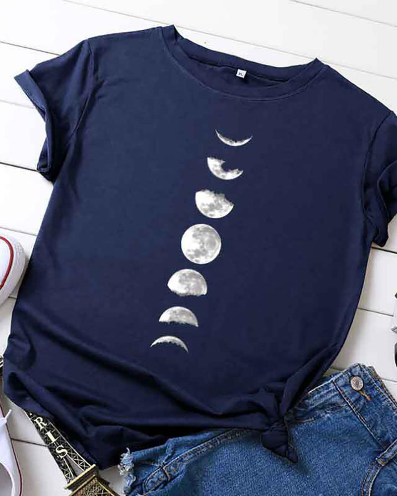 

Moon Print Short Sleeve Casual T-shirt, Dark blue