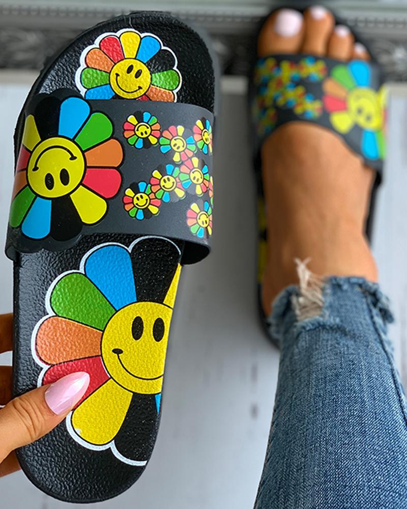 

Cartoon Sunflower Pattern Print Flat Sandals, Black