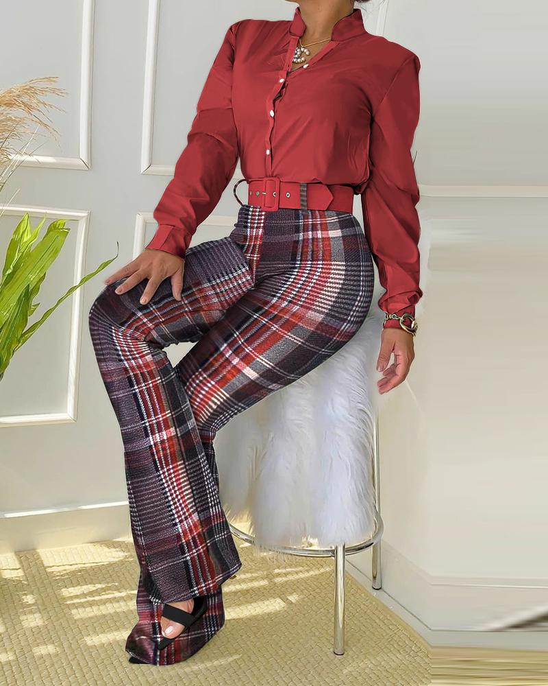 

Button Down Shirt & Plaid Print Bootcut Pants Set, Red
