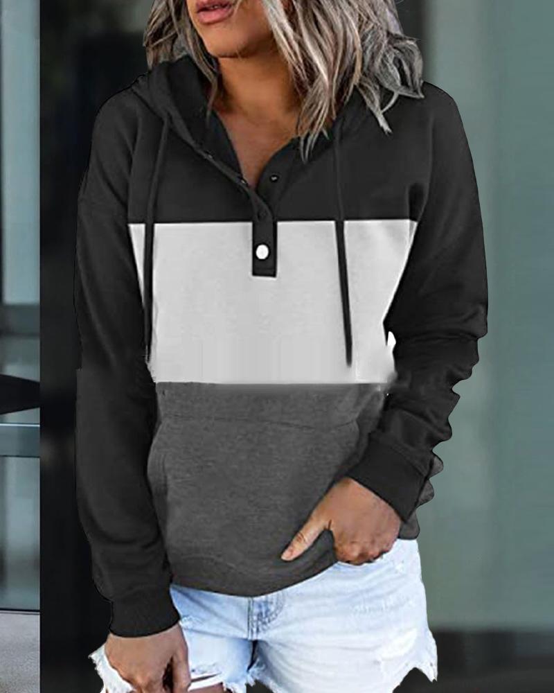 

Color Block Long Sleeve Button Front Drawstring Hoodie, Black