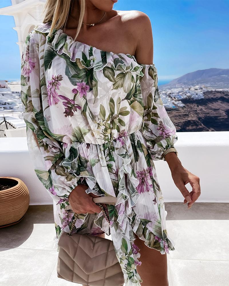 

Floral One Shoulder Long Sleeve Rompers, Green