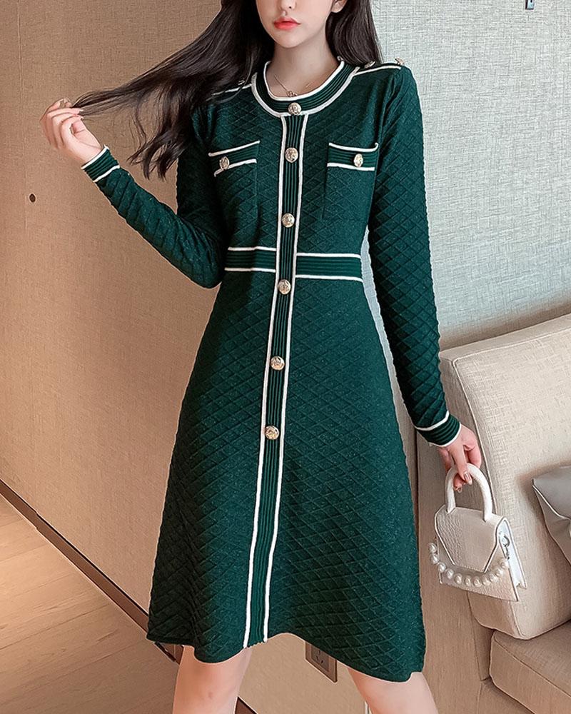 

Contrast Binding Argyle Knit Long Sleeve Tweed Dress, Green