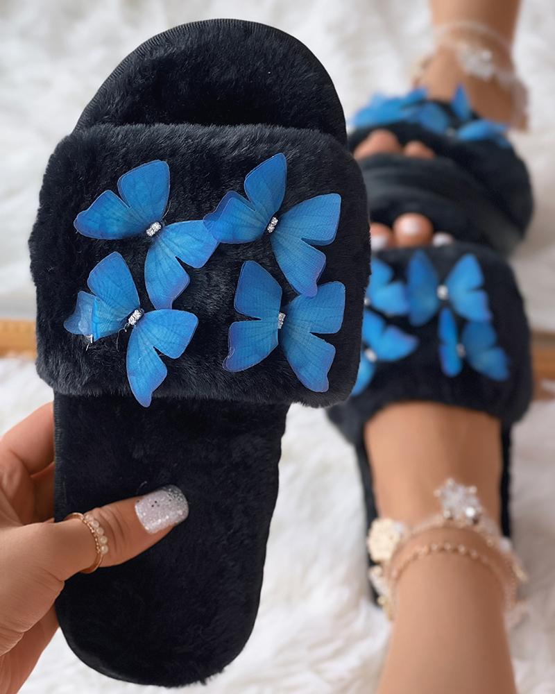 

Butterfly Pattern Fuzzy Slippers, Black