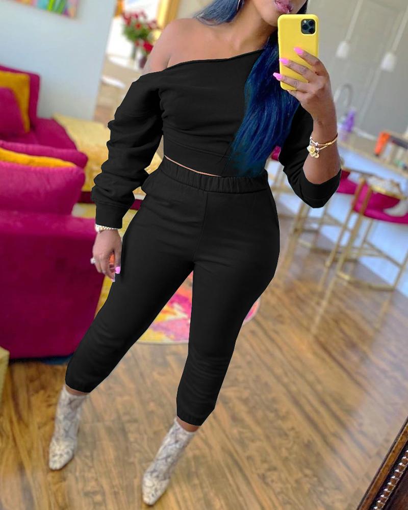 

Plain Long Sleeve Casual Sweatshirt & Pocket Design Pants Set, Black