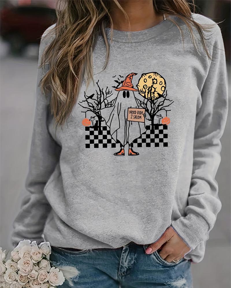 

Halloween Ghost Graphic Print Crew Neck Sweatshirt, Gray