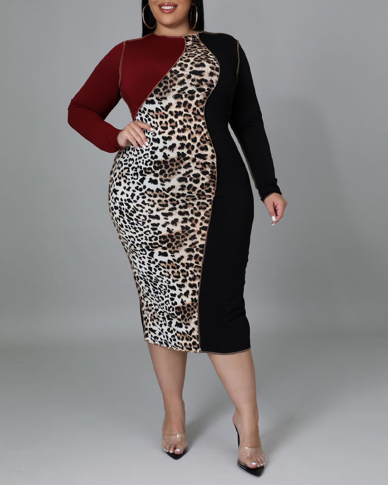 

Plus Size Leopard Print Patchwork Bodycon Dress, Wine red