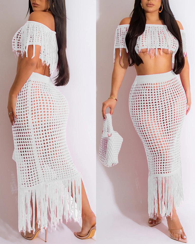 

Tassel Design Crochet Cover Up Top & Maxi Skirt Set, White