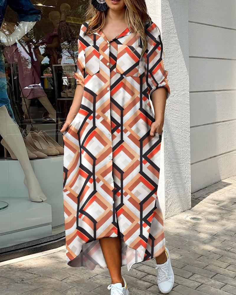 

Geometric Print Buttoned Up Maxi Shirt Dress, Multicolor