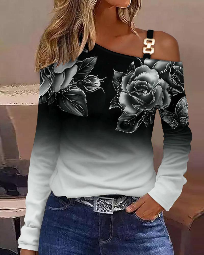 

Floral Ombre Print Cold Shoulder Top, Black