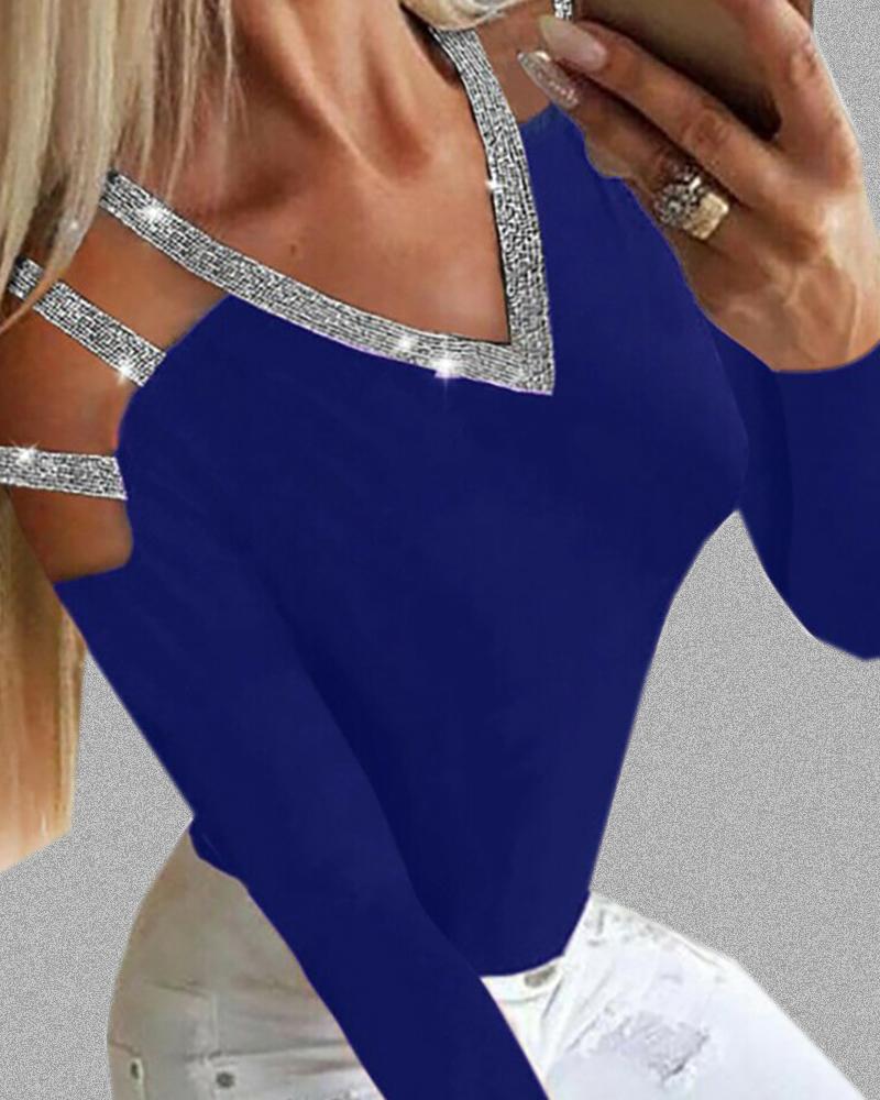 

Ladder Cutout Glitter Long Sleeve Top, Blue