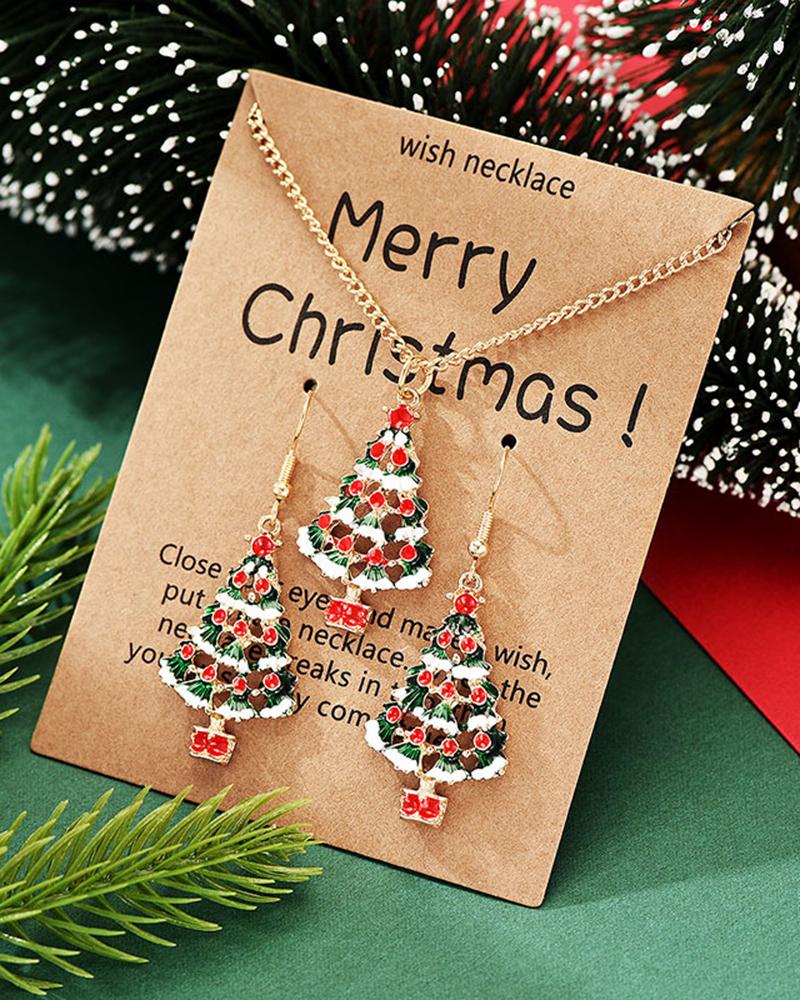 

1Pair Christmas Tree Drop Earrings & Chain Necklace Set, Red