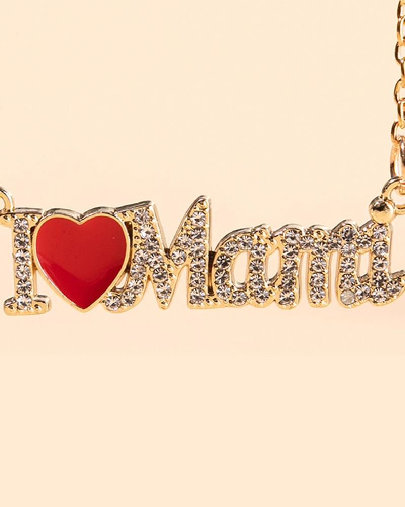 

1Pair Mother's Day Gift Rhinestone I Love Mama Pattern Fashion Pendant Necklace, Gold