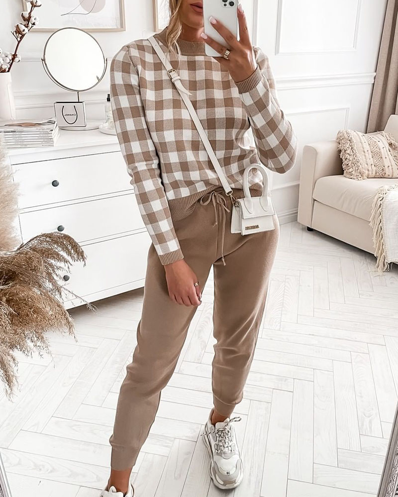 

Gingham Long Sleeve Sweater & Drawstring Pants Set, Khaki
