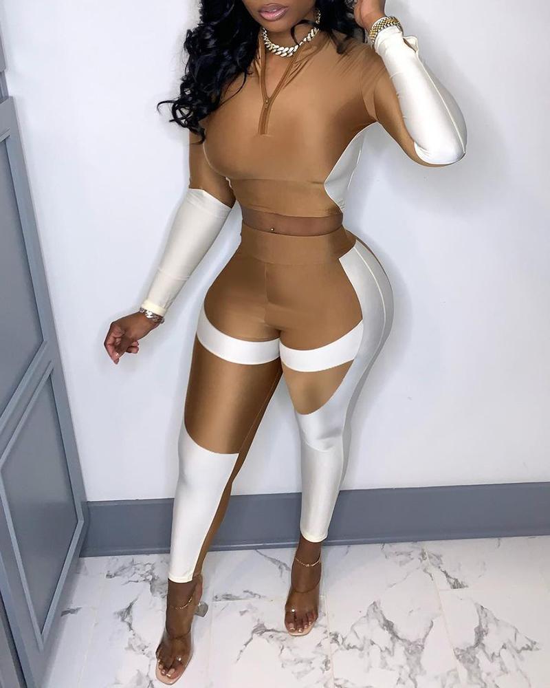

Colorblock Zipper Design Top & High Waist Pants Set, Khaki