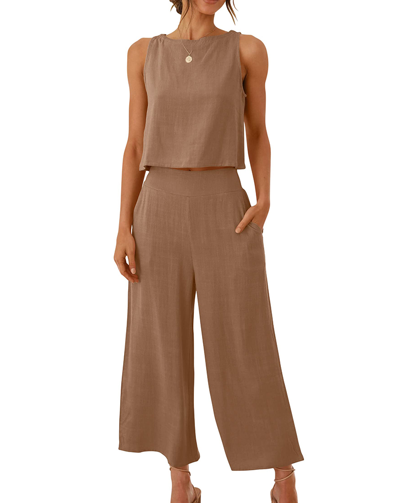 

Round Neck Top & Pocket Design Wide Leg Pants Set, Brown