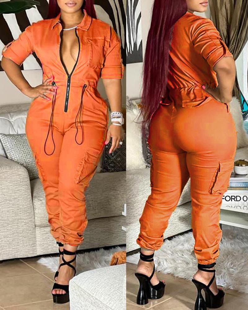 

Plus Size Zipper Pocket Design Long Sleeve Jumpsuit, Orange