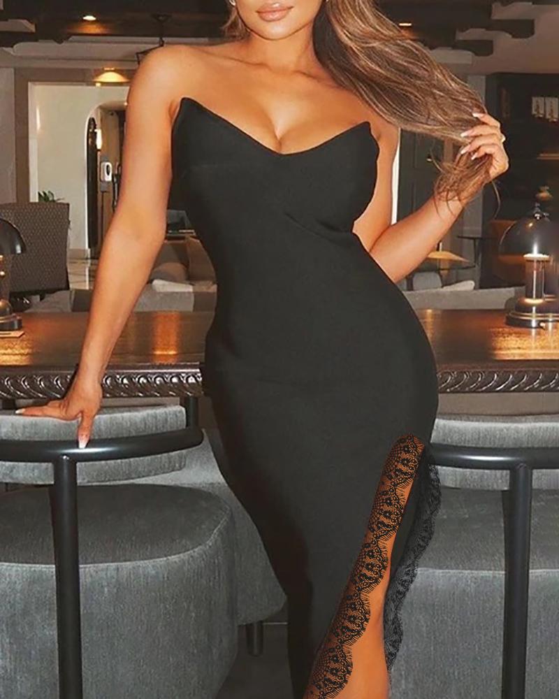 

Bandeau Lace Trim High Slit Party Dress, Black