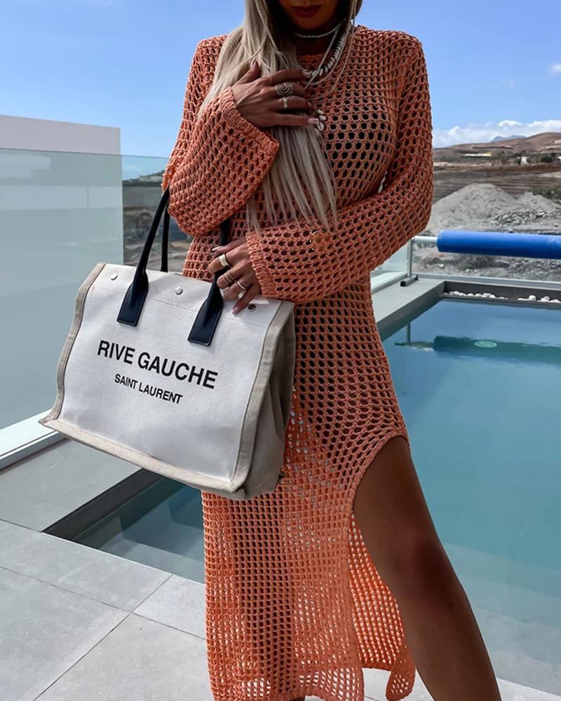 

Long Sleeve Slit Crochet Cover Up Dress, Orange