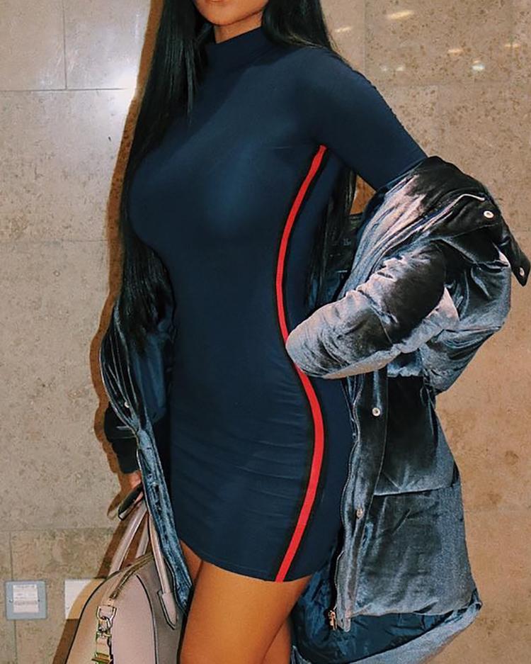 

Striped Print Long Sleeve Bodycon Dress, Dark blue