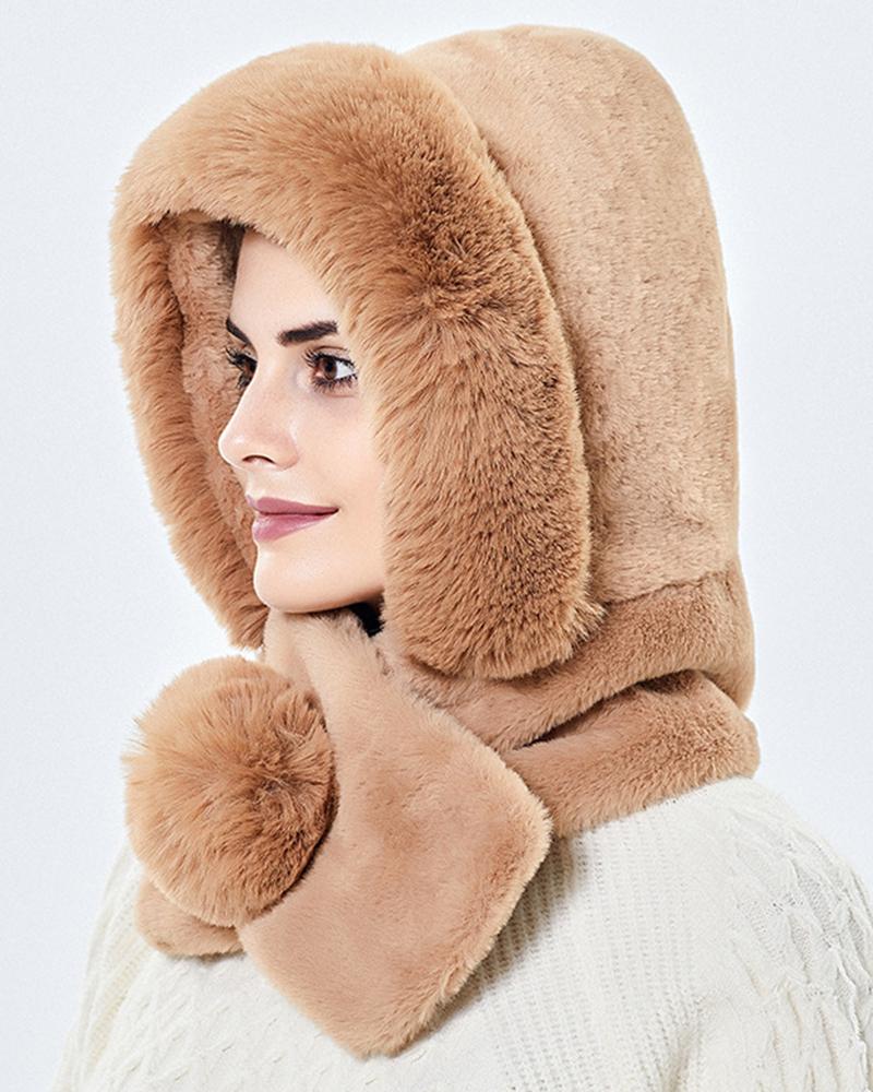 

Fuzzy Faux Fur Windproof Winter Hat Cap With Pom Pom Scarf, Khaki