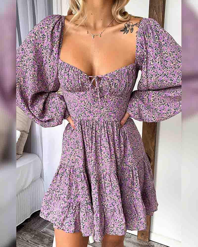 

Floral Print Strappy Puff Sleeve Mini Dress, Purple