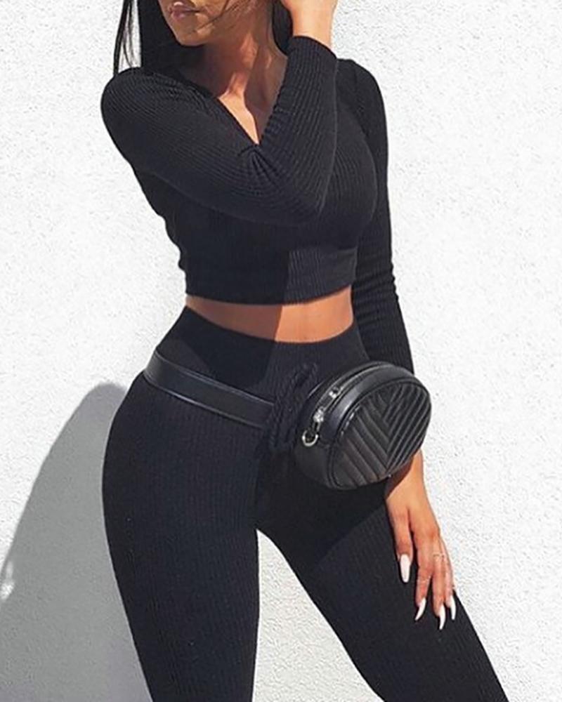 

Solid V-Neck Ribbed Crop Top & Drawstring Pants Sets, Black