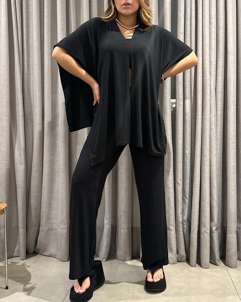 

Conjunto de 3 peças de blusa assimétrica com gola redonda e calça casual com cordão e perna larga com faixa, Black