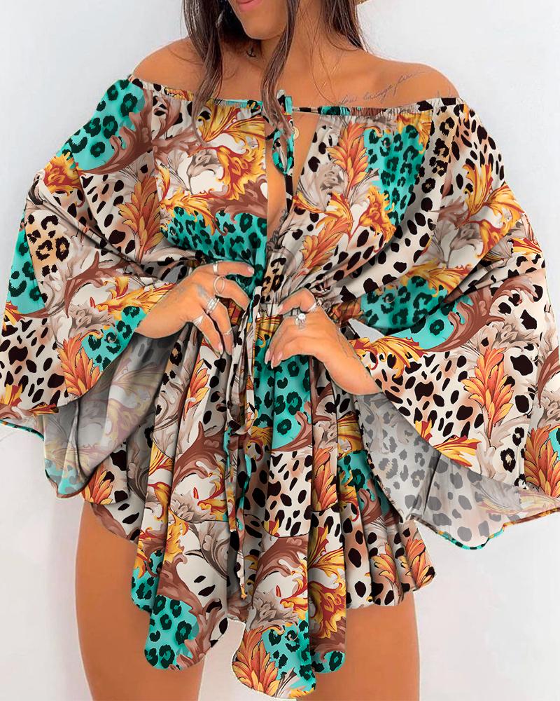 

Leopard Print Off Shoulder Bell Sleeve Drawstring Dress