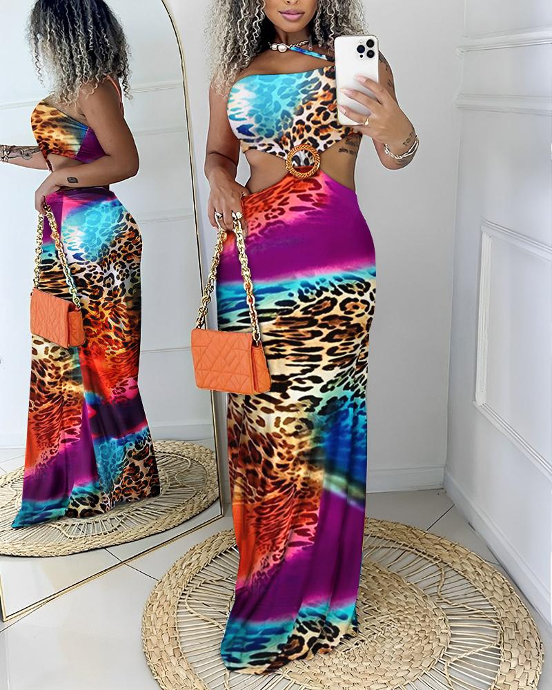 

Leopard Tie Dye Print Hollow Out Maxi Dress, Multicolor