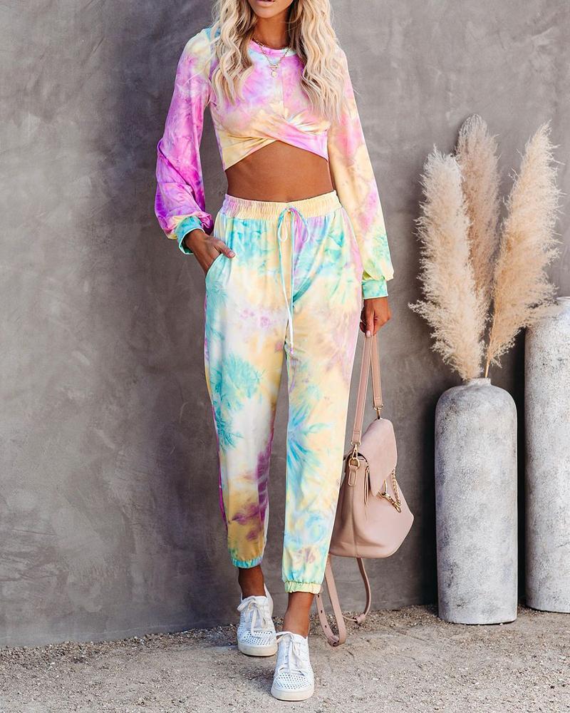 

Tie Dye Long Sleeve Cropped Sweatshirts With Loose Sweatpants Suit Sets, Multicolor