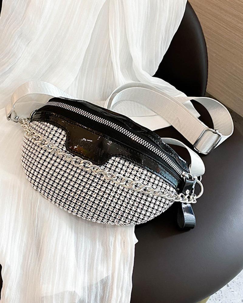 

Rhinestone Chain Decor Zip Front Fanny Pack, Black
